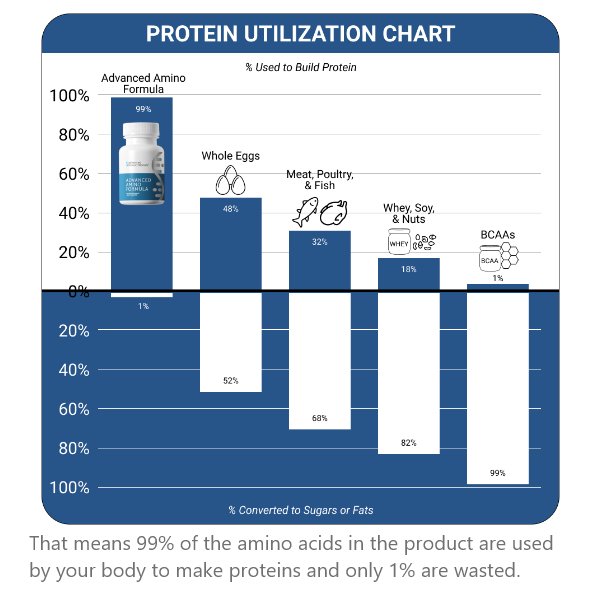 Protein Utilization Chart comparing Advanced Amino Formula, whole eggs, meat, whey and BCAAs